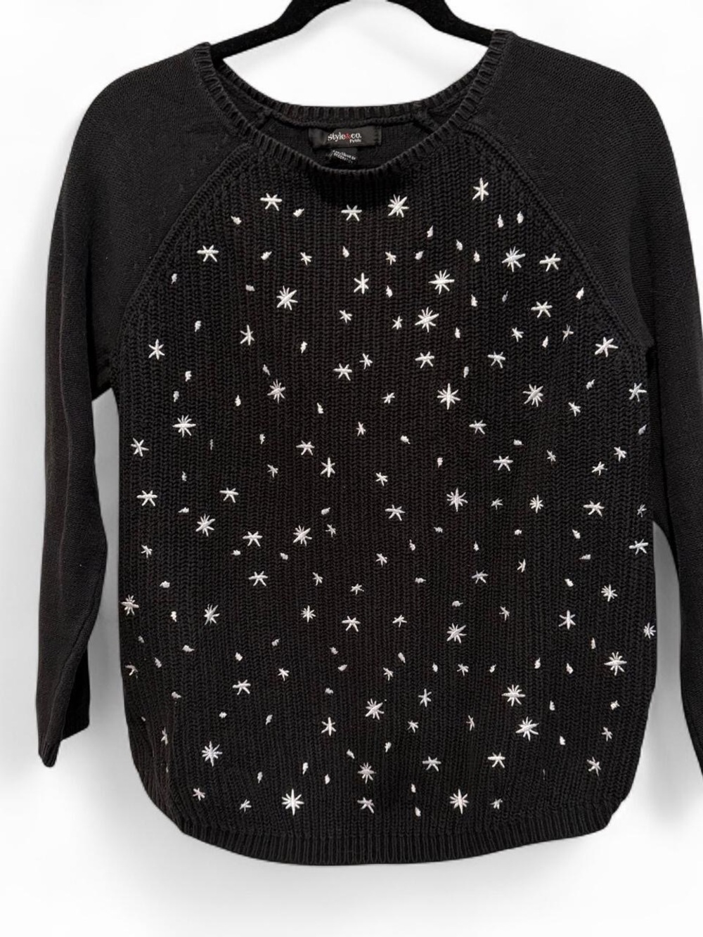 Style & Co. Black Petite Knit Sweater with Subtle Star Embellishment LP